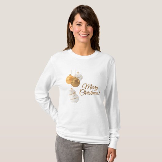 Gold and White Christmas Balls Custom Text Tシャツ (正面フル)
