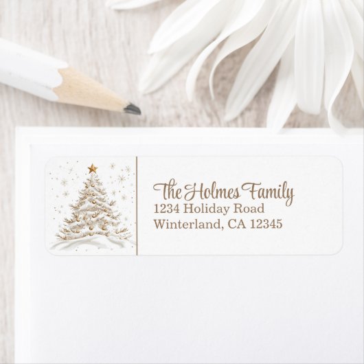 Gold and White Christmas Tree Return Address ラベル (インサイチュ)