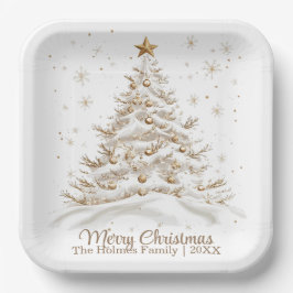 Gold and White Christmas Tree with Family Name ペーパープレート