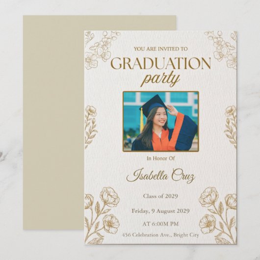 Gold and White Elegant Graduation Party Invitation 招待状 (正面/裏面)