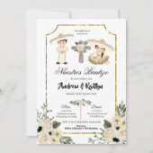 Gold and White Floral Sibling Boy and Girl Bautizo 招待状 (正面)