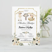 Gold and White Floral Sibling Boy and Girl Bautizo 招待状 (スタンド正面)