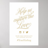 Gold and White Personalized Wedding Hashtag Sign ポスター (正面)