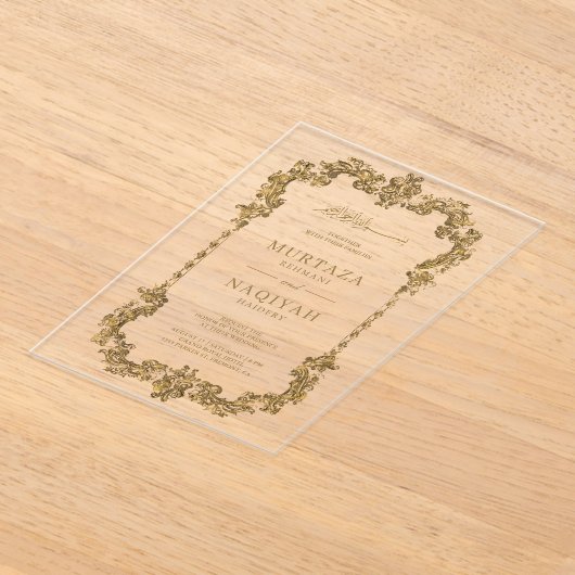 Gold Antique Gilded Frame Muslim Wedding アクリル招待状 (レイダウン)