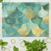 Gold Aqua Mermaid Scale Watercolor Pattern キッチンタオル (折り畳み)