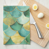 Gold Aqua Mermaid Scale Watercolor Pattern キッチンタオル (四つ折り)