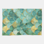 Gold Aqua Mermaid Scale Watercolor Pattern キッチンタオル (横)