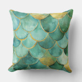 Gold Aqua Mermaid Scale Watercolor Pattern クッション (正面)