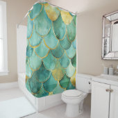 Gold Aqua Mermaid Scale Watercolor Pattern シャワーカーテン (インサイチュ)