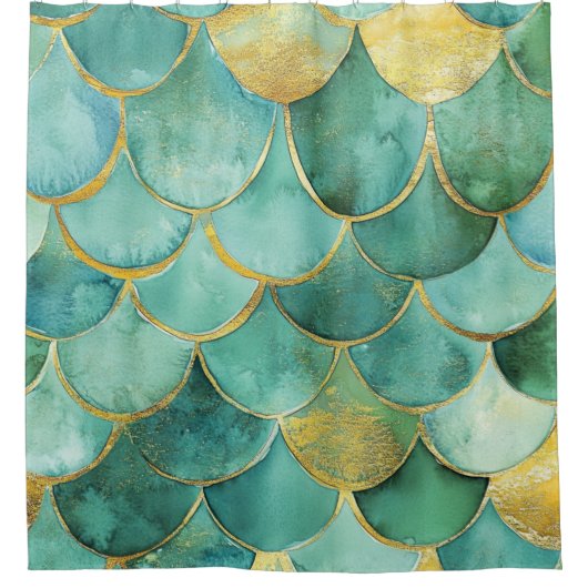 Gold Aqua Mermaid Scale Watercolor Pattern シャワーカーテン (正面)
