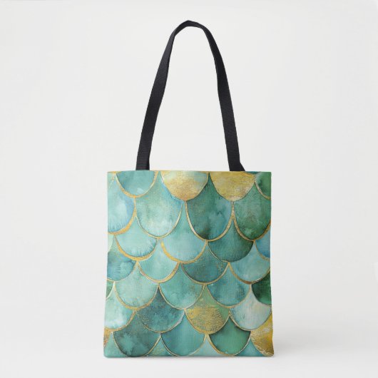 Gold Aqua Mermaid Scale Watercolor Pattern トートバッグ (正面)
