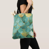 Gold Aqua Mermaid Scale Watercolor Pattern トートバッグ (クローズアップ)