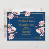 Gold Arch Navy Magnolia Floral Wedding Invitation ポストカード (正面/裏面)
