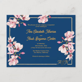 Gold Arch Navy Magnolia Floral Wedding Invitation ポストカード