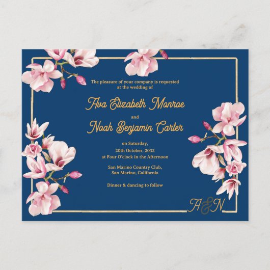 Gold Arch Navy Magnolia Floral Wedding Invitation ポストカード (正面)