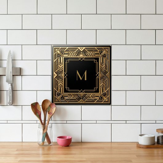 Gold Art Deco Monogram Black Personalized Luxury タイル