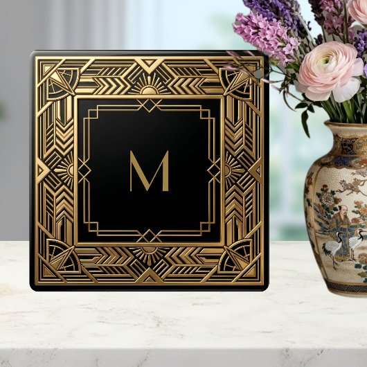Gold Art Deco Monogram Black Personalized Luxury タイル
