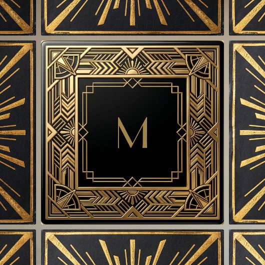 Gold Art Deco Monogram Black Personalized Luxury タイル