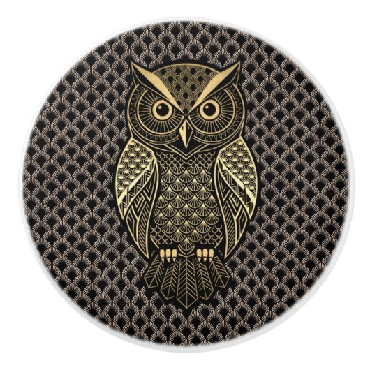 Gold Art Deco Owl セラミックノブ (正面)