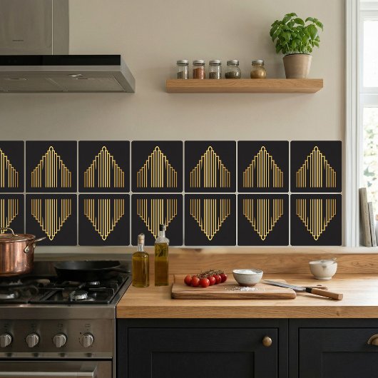 Gold Art Deco Skyscraper Silhouette Black Tile タイル