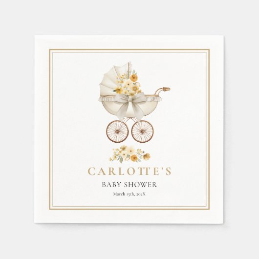 Gold Baby Carriage Shower Napkin スタンダードカクテルナプキン (正面)