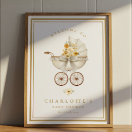 Gold Baby Shower Welcome Poster | Vintage Pram ポスター