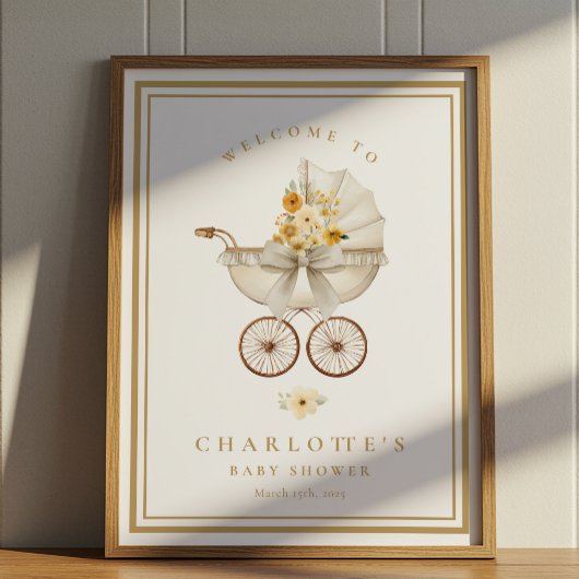 Gold Baby Shower Welcome Poster | Vintage Pram ポスター