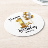 Gold Balloons 1st Birthday Round Paper Coaster ラウンドペーパーコースター (アングル)