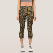 Gold Baroque Floral Allover on Black カプリレギンス (正面)