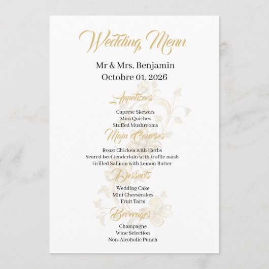 Gold Baroque Floral Script | Elegant Wedding Menu メニュー (裏面)