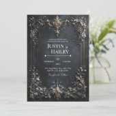 Gold Baroque Frame Blue Gem Dark Teal Wedding 招待状 (スタンド正面)