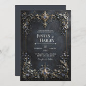 Gold Baroque Frame Blue Gem Dark Teal Wedding 招待状 (正面/裏面)