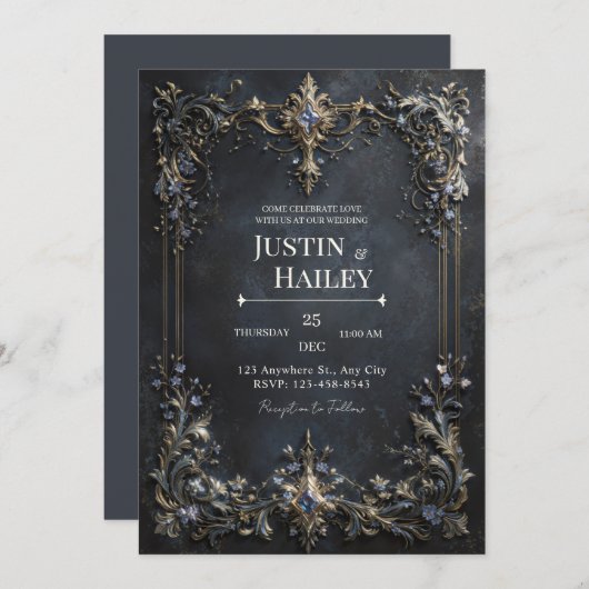 Gold Baroque Frame Blue Gem Dark Teal Wedding 招待状 (正面/裏面)