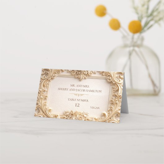 Gold Baroque Monogram Frame Ivory Place Card プレイスカード (正面)