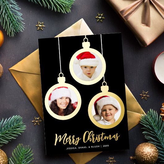 Gold Baubles 3 Photos Collage Merry Christmas  箔シーズンカード