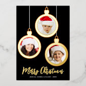 Gold Baubles 3 Photos Collage Merry Christmas  箔シーズンカード (正面)
