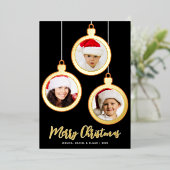 Gold Baubles 3 Photos Collage Merry Christmas  箔シーズンカード (立ち正面)