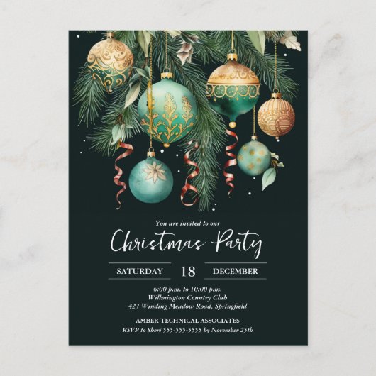 Gold Baubles Christmas Tree Party Invitation ポストカード (正面)