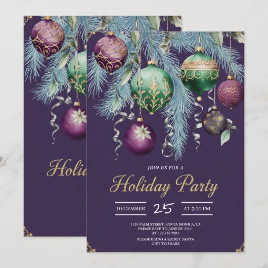 Gold Baubles Christmas Tree Party Invitation 招待状 (正面/裏面)