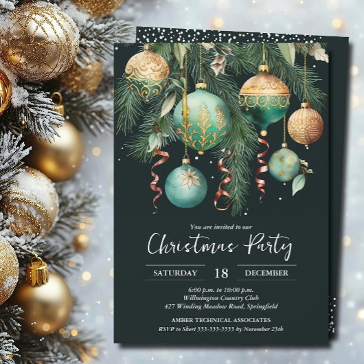 Gold Baubles Christmas Tree Party Invitation 招待状