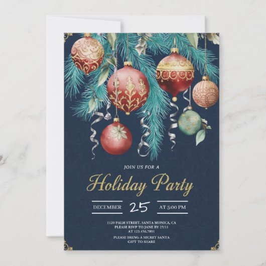 Gold Baubles Christmas Tree Party Invitation 招待状 (正面)