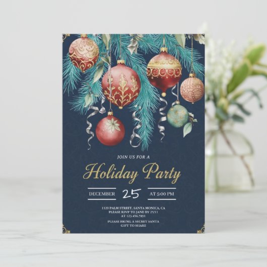 Gold Baubles Christmas Tree Party Invitation 招待状 (スタンド正面)