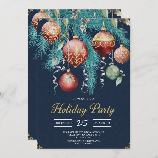 Gold Baubles Christmas Tree Party Invitation 招待状 (正面/裏面)