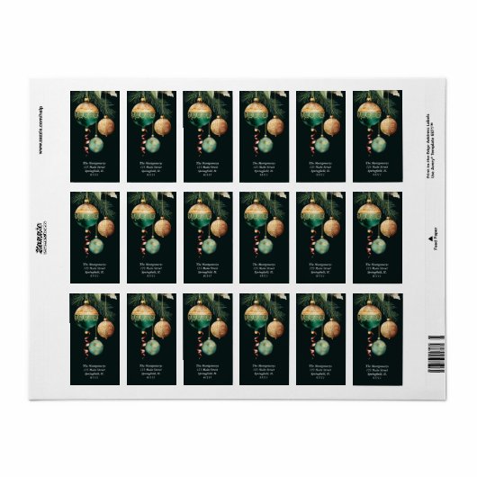 Gold Baubles Christmas Tree Return Address ラベル (フルシート)
