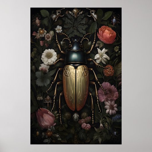 Gold Beetle In Dark Flower Garden, Moody Bug ポスター (正面)