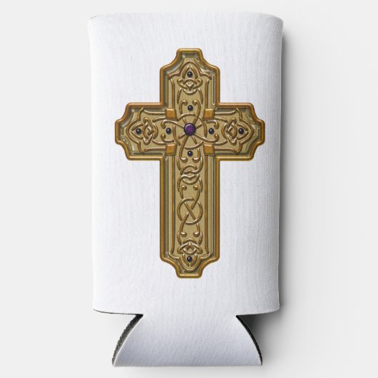 Gold Bejeweled Celtic Style Cross  スリム缶クーラー (正面)