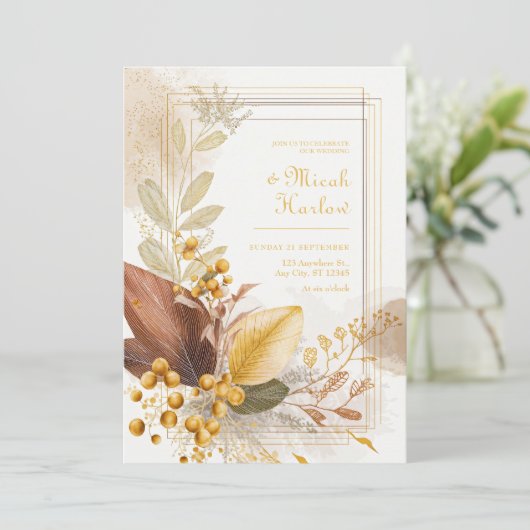 Gold Berry Sienna Leaf Botanical Wedding 招待状 (スタンド正面)