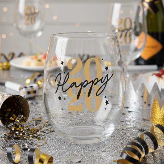 Gold Black 2026 Happy New Year ステムなしワイングラス