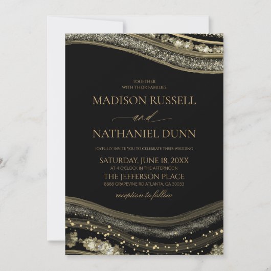 Gold Black Agate Elegant Wedding 招待状 (正面)