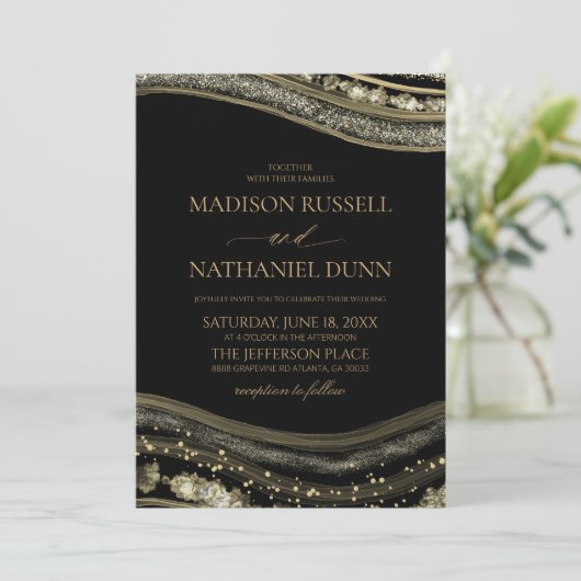 Gold Black Agate Elegant Wedding 招待状 (スタンド正面)
